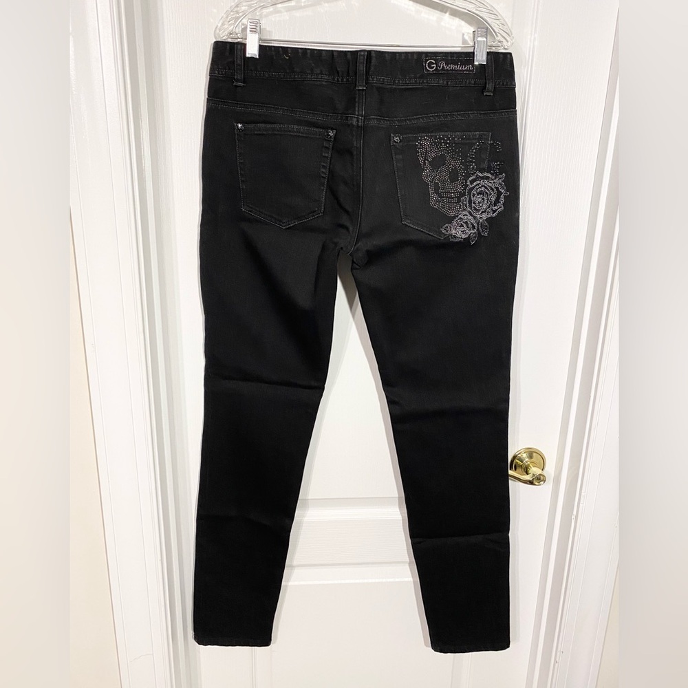 Y2K Guess Skull Rose Crystal Stud Embroidered Skinny Jeans Black Size 31